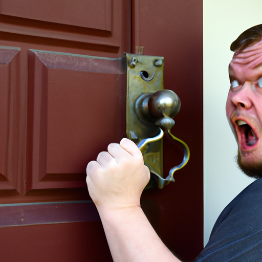 תמונה המציגה בעל בית מתוסכל נאבק בדלת כניסה נעולה.